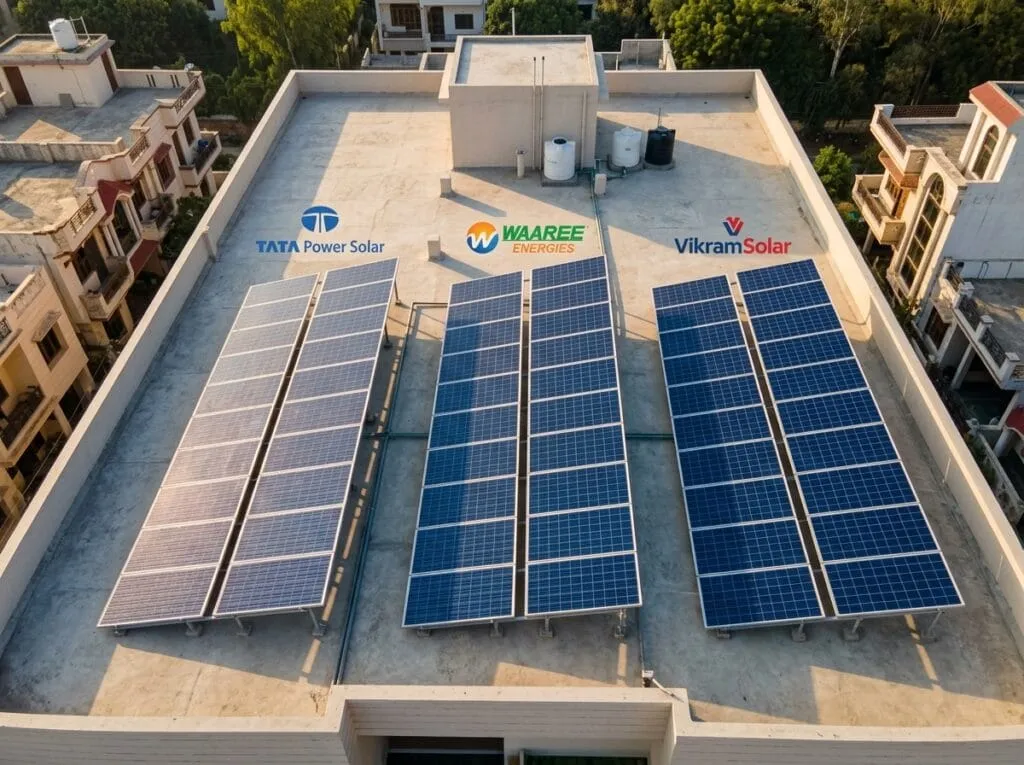 Tata Solar, Waaree, and Vikram solar panels installed side-by-side on a rooftop in Lucknow by Rudransh Solartech