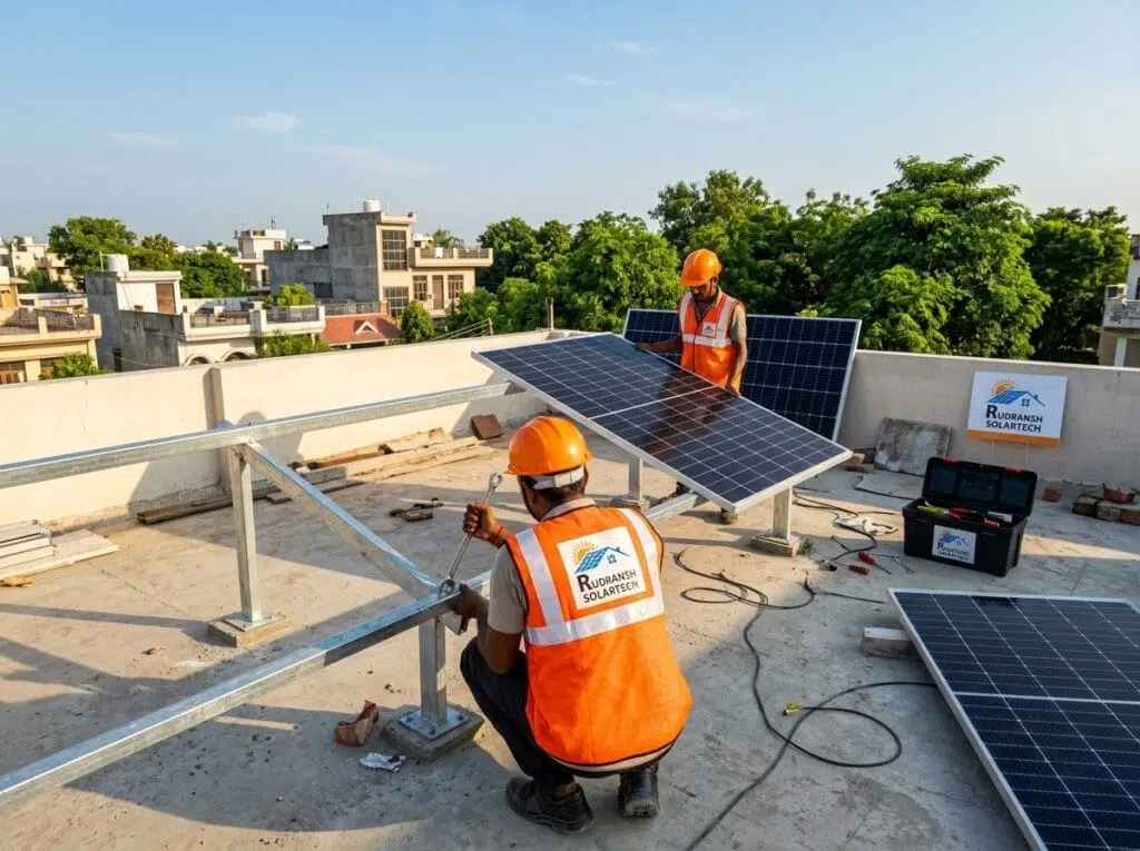 Rudransh Solartech installation team mounting rooftop solar panels on a residential house in Lucknow Uttar Pradesh