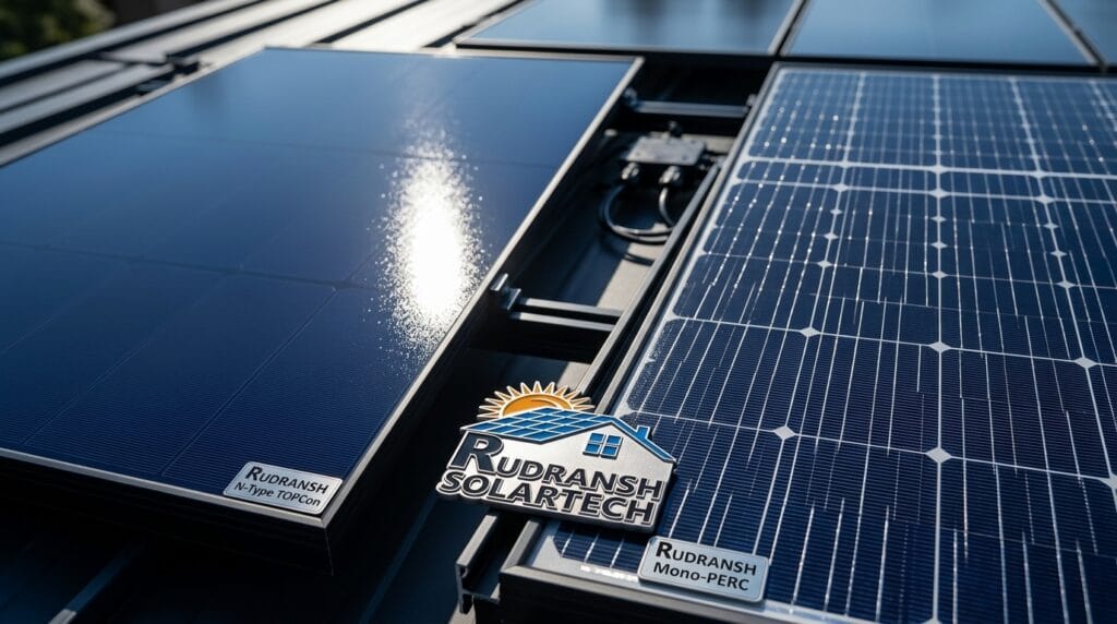Detailed comparative view of N-Type TOPCon vs Mono-PERC solar panel cell structures under sunlight