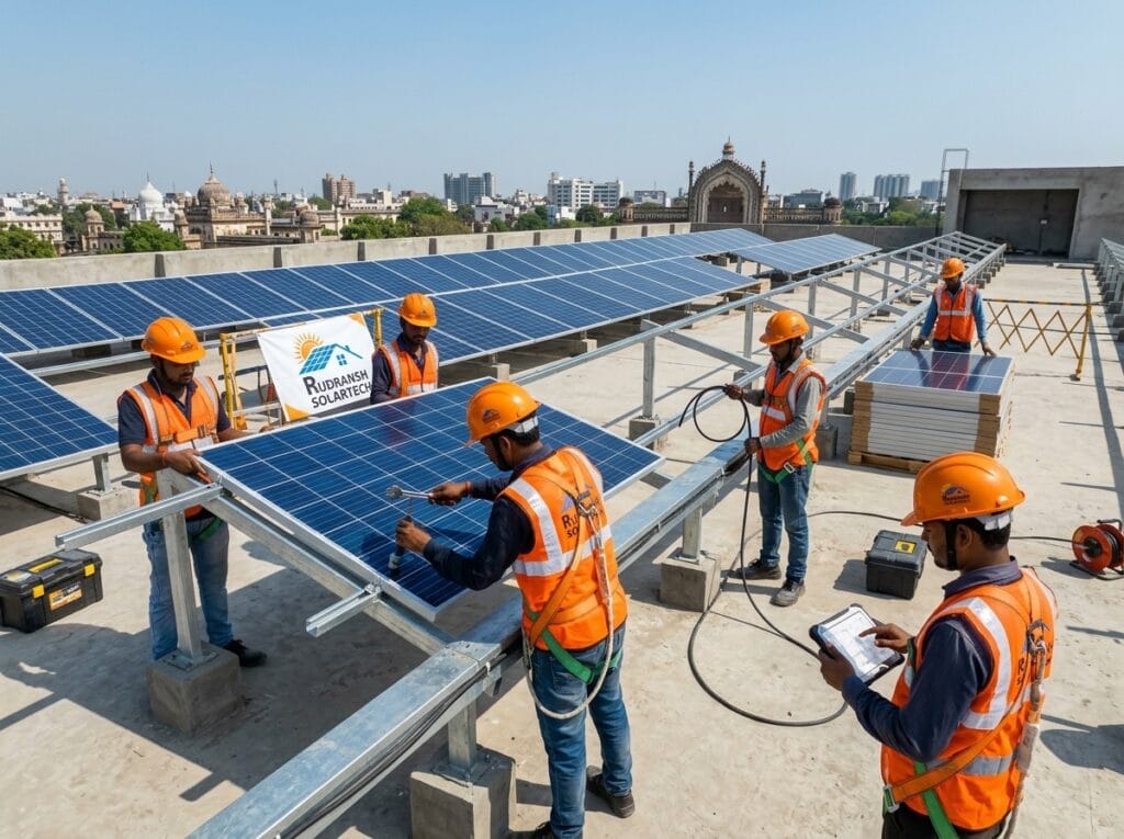 Commercial solar panel installation in progress on a Lucknow office building rooftop by Rudransh Solartech installation team
