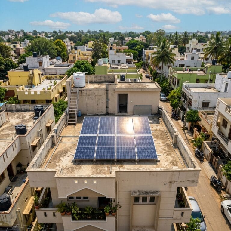 Aerial view of a 3kW residential rooftop solar panel system installed on an Indian home with 8 solar panels