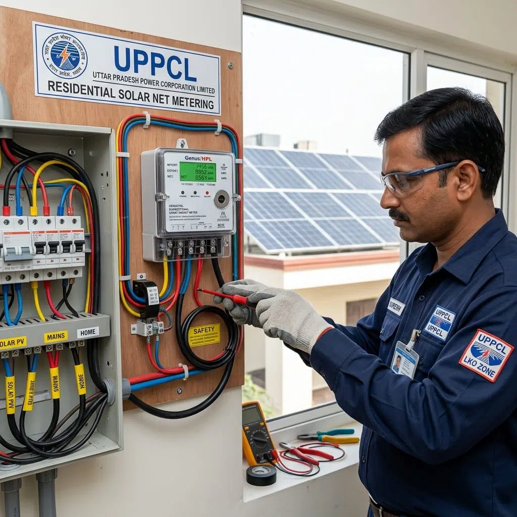 Electrician installing a bi-directional net meter on an electrical panel for solar home in Uttar Pradesh