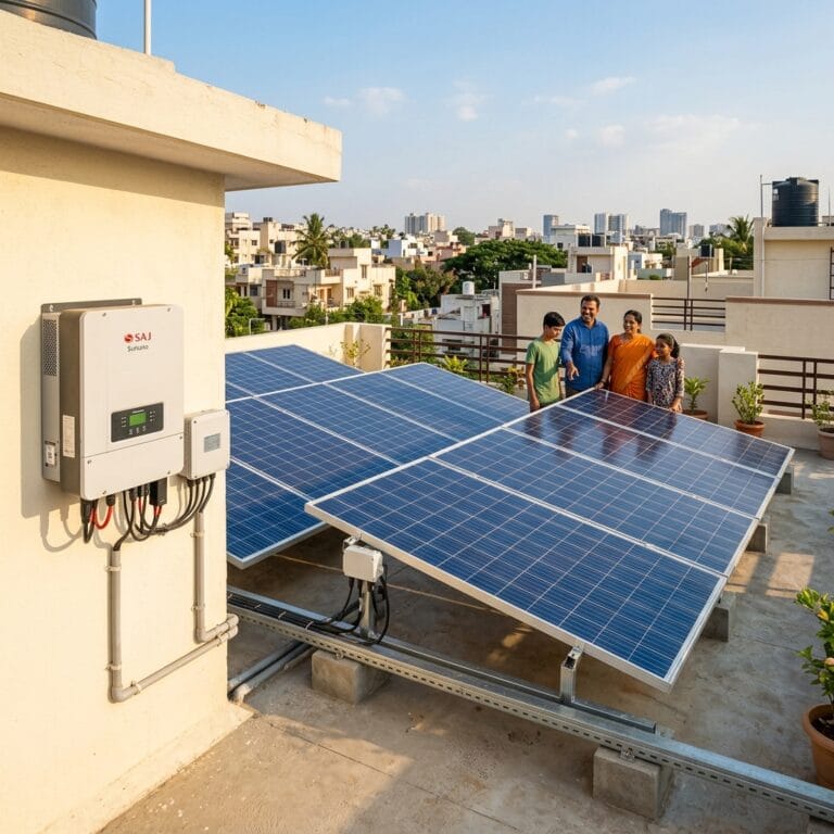 Residential rooftop solar panel installation on an Indian home in Lucknow with blue solar panels and inverter
