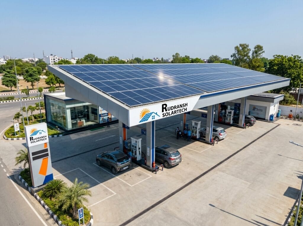 Solar panels array installed on a petrol pump canopy structure in Lucknow