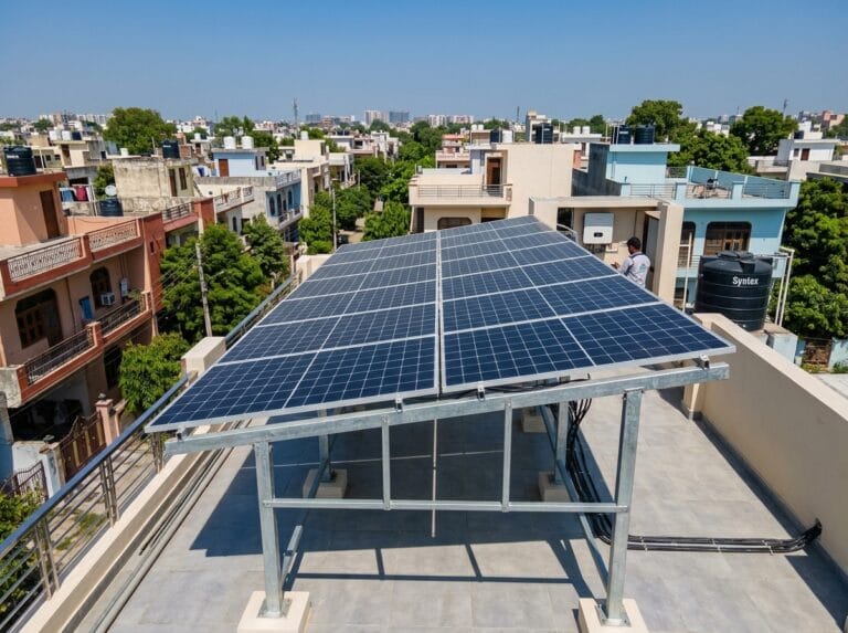 5kW residential solar panel installation on a rooftop in Indira Nagar, Lucknow by Rudransh Solartech